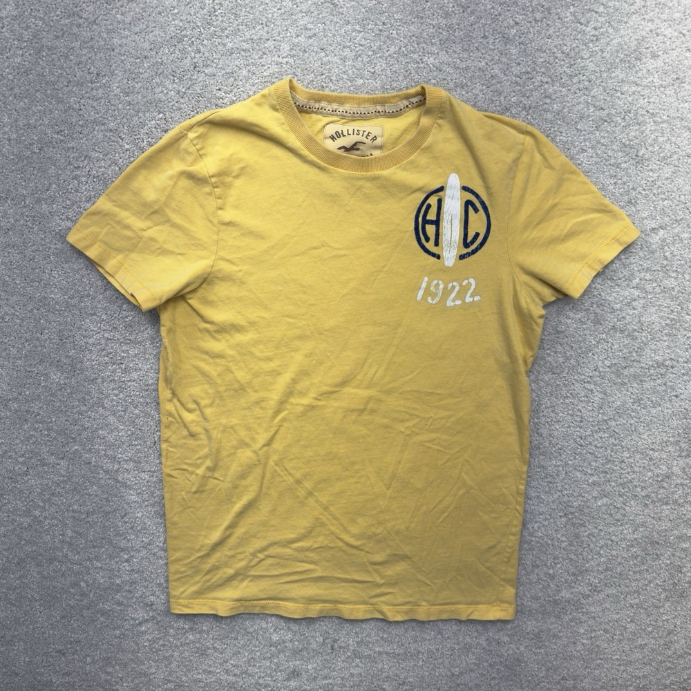 Hollister California Mens M Yellow Surfboard Graphic T Shirt Big Back Print